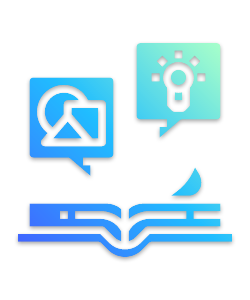 Icon depicting book and ideas.